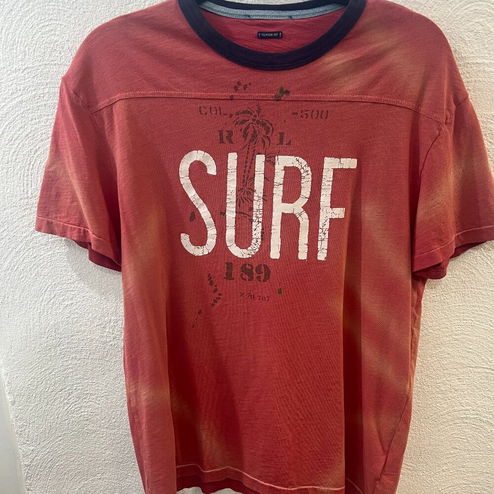 VINTAGE * Polo Ralph Lauren Men's Red Faded Surf Graphic Print Crew-Neck T-Shirt